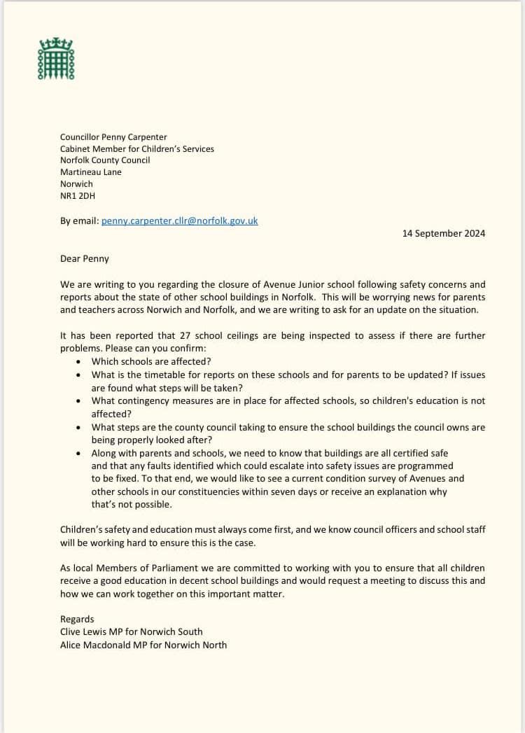 Letter to Norfolk County Council about school repairs and maintenance and safety