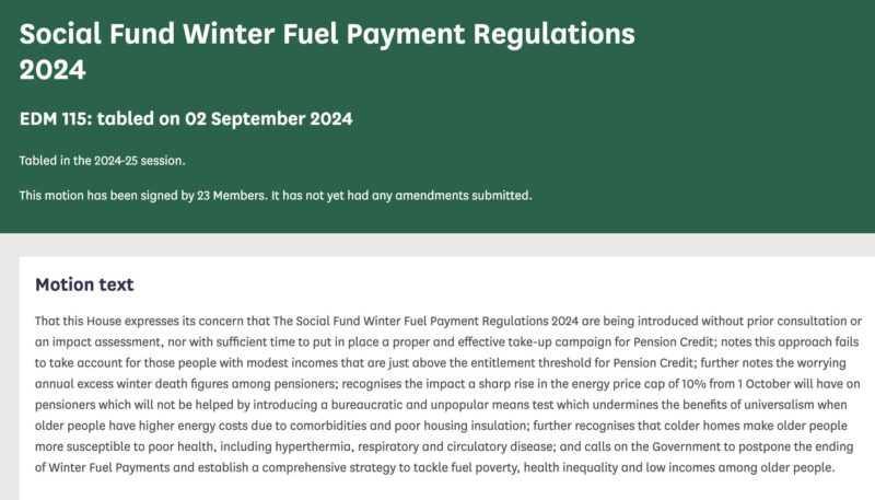 A screenshot of Early Day Motion 115, you can read the full motion by clicking on the link below