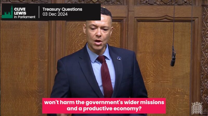 Screengrab of Clive Lewis MP at Treasury Questions, December 2024