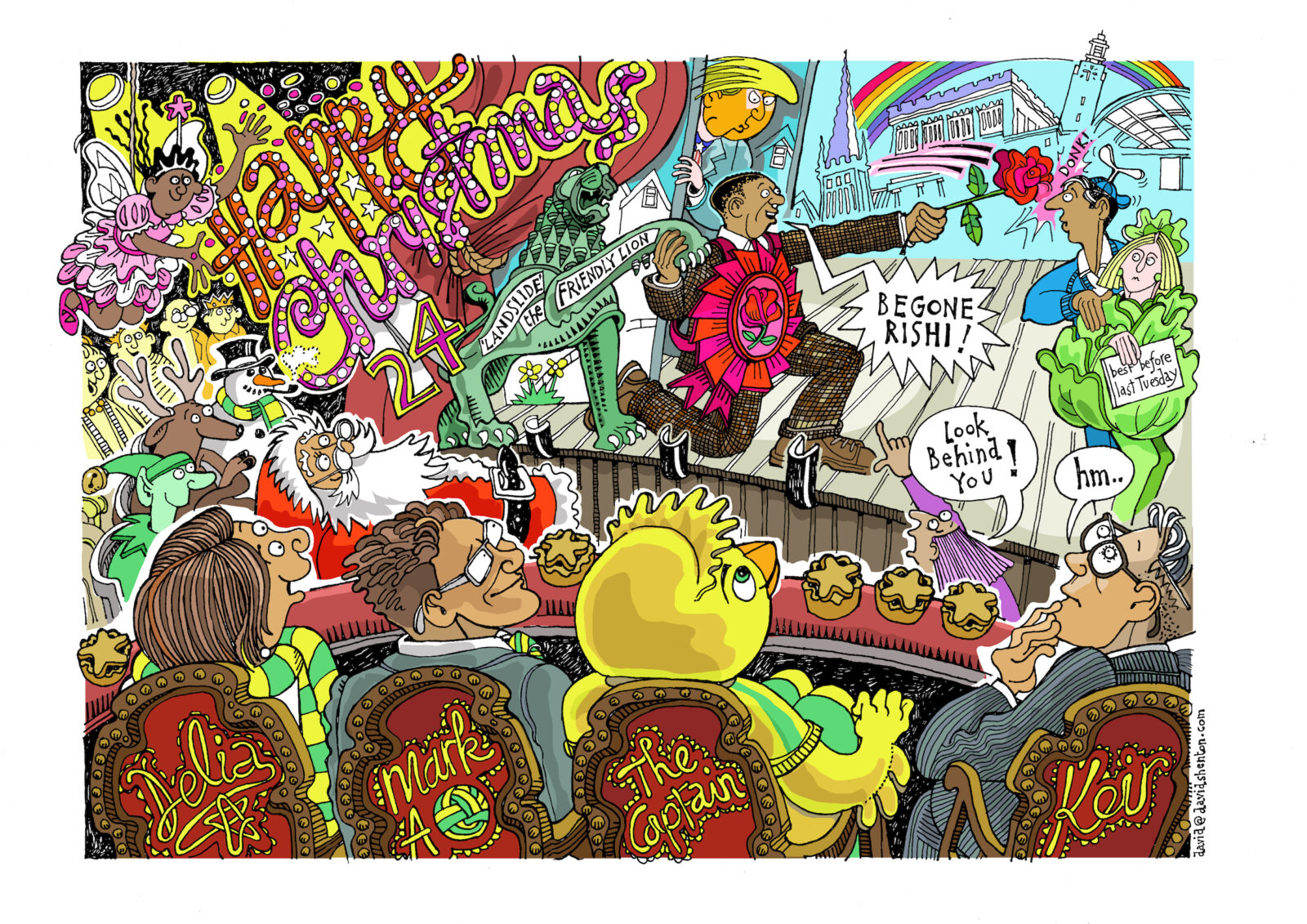 Image description: Clive Lewis 2024 christmas image, which is going to take a bit of describing! Here goes. Clive is on stage at a panto waving a red rose at Rishi Sunak and Liz Truss who is wearing a lettuce/dress. Clive  is holding the paw of one of the city hall lions with the words "Landslide Lion" written on it. Emerging from a curtain behind Clive is Donald Trump as the audience which includes Keir Starmer, Norwich City FC owners Mark Attanasio and Captain Canary shout "look behind you!". In the audience also are Santa, an elf, a reindeer and a snowman. There