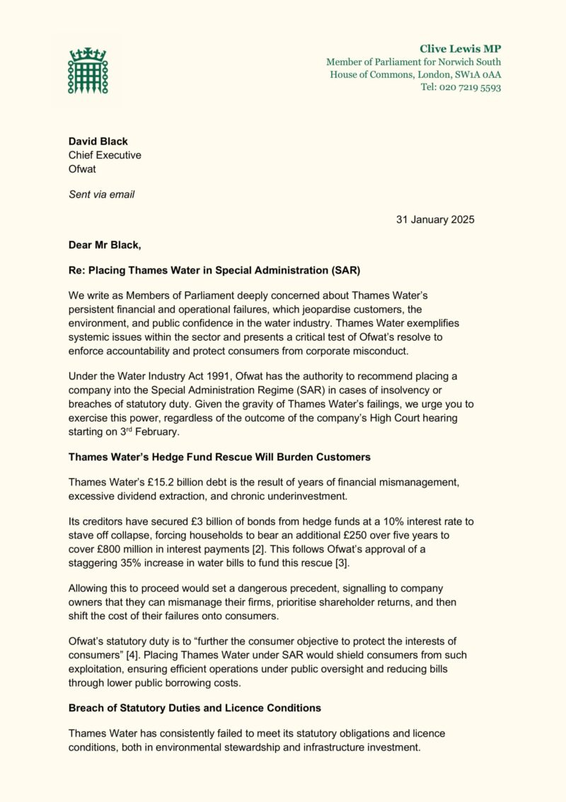 Letter to Ofwat page 1