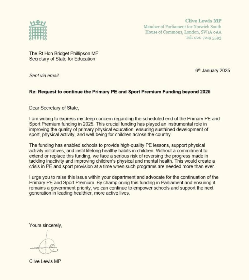 Letter re: funding for school PE and sports