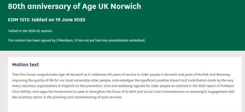 Early Day Motion supporting the 80th anniversary of Age UK Norwich