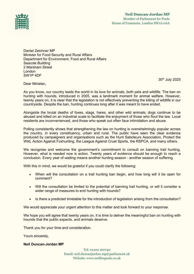 Page 1 of letter to Minister about strengthening the Hunting Act