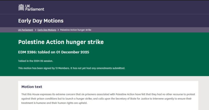 EDM (Early Day Motion) 2386: Palestine Action hunger strike