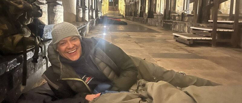 Clive Lewis in a sleeping bag at at the St Martin