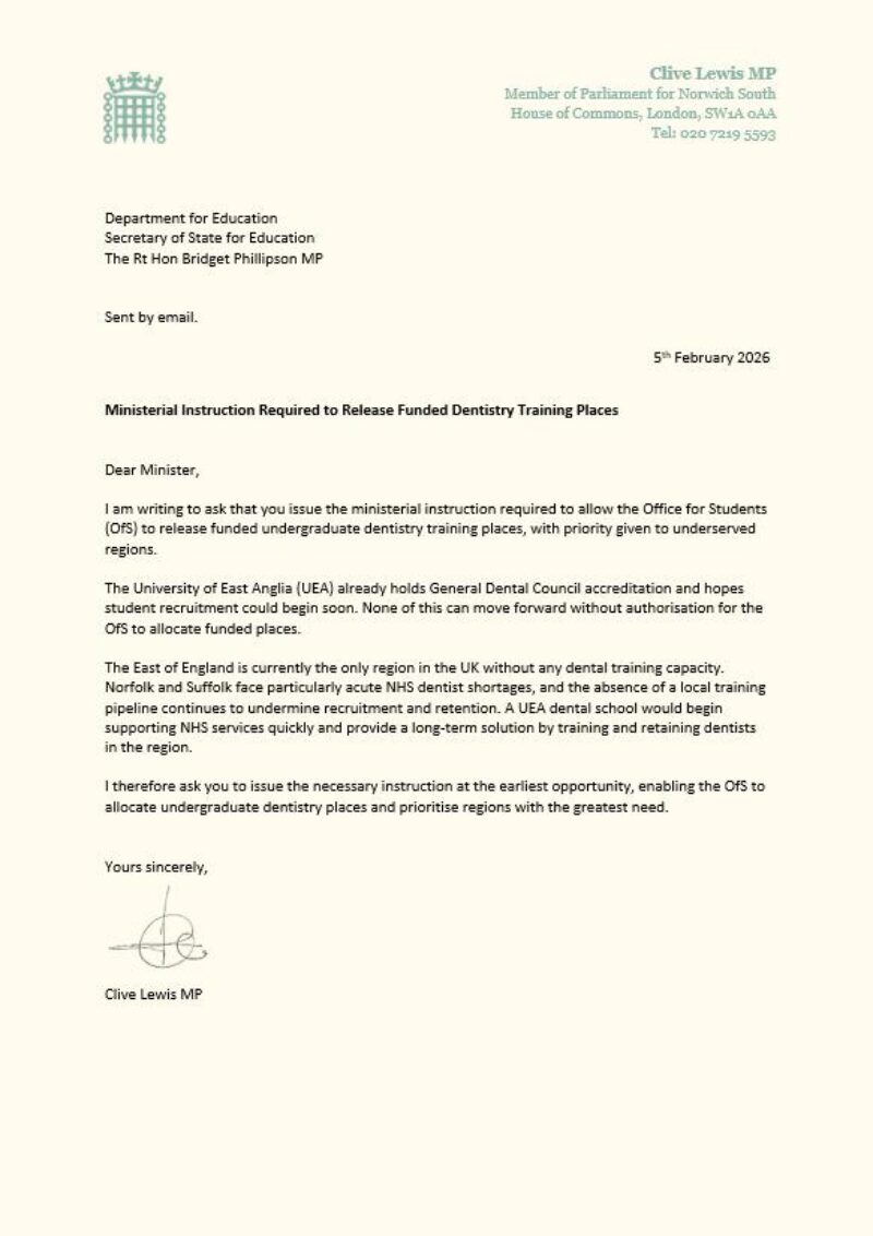 Clive Lewis MP letter pressing ministers to release UEA dental training places