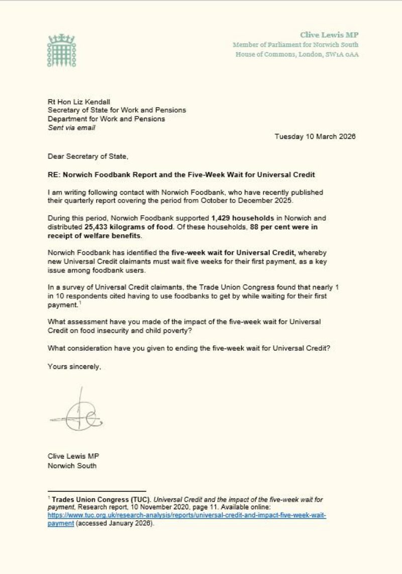 Letter to Secretary of State for Work and Pensions 