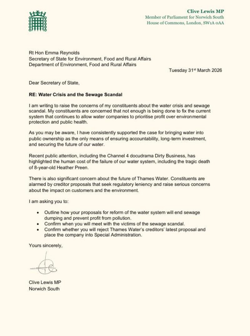Letter to Secretary of State for Environment, Food and Rural Affairs